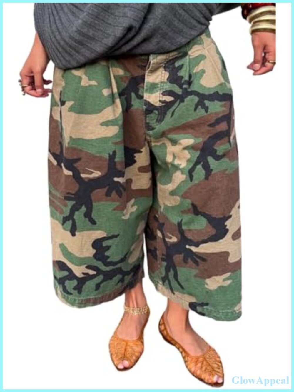 Women's Camo Cargo Capris Wide Leg Cropped Pants Polyester